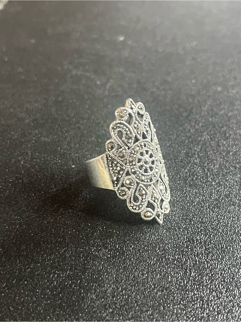 Sterling Silver Filigree Marcasite Statement Ring. Size 9.